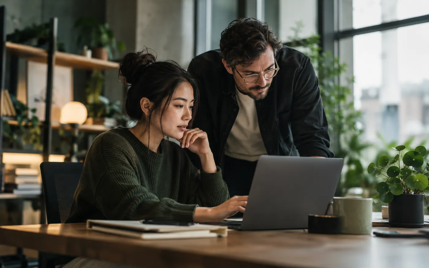 Two teammates reviewing a low-risk AI workflow together during a shadow pilot
